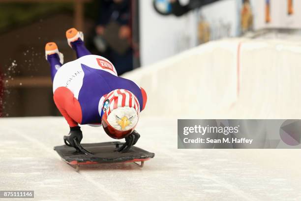 Katie Uhlaender of USA takes a training run in the Women's Skeleton during the BMW IBSF Bobsleigh + Skeleton World Cup at Utah Olympic Park November...