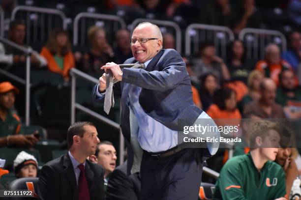 Head coach Jim Larranaga of the Miami Hurricanes reacts during the second half of the game against the Florida A&M Rattlers at The BankUnited Center...