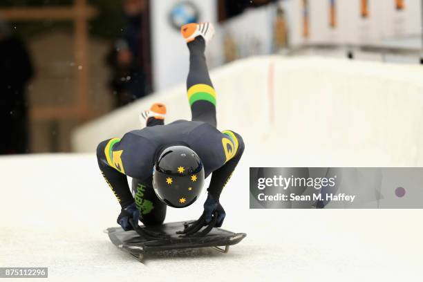 John Farrow of Australia takes a training run in the Men's Skeleton during the BMW IBSF Bobsleigh + Skeleton World Cup at Utah Olympic Park November...