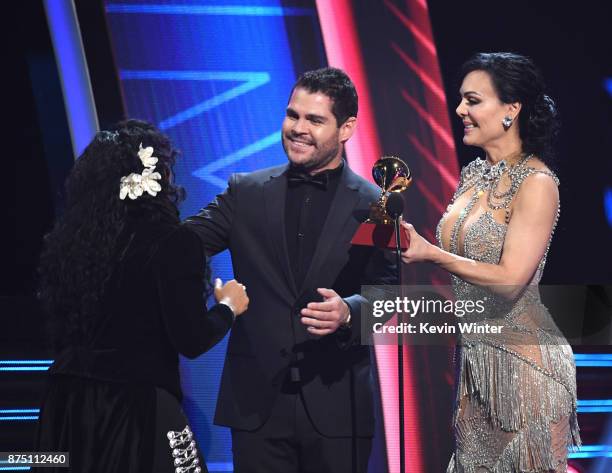 Mireya Ramos of music group Flor de Toloache accepts Best Ranchera/Mariachi Music Album for 'Las Caras Lindas' from Marco de la O and Maribel Guardia...