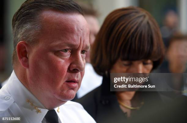 Baltimore,MD--11/16/17 -Baltimore Police Commissioner Kevin Davis and Mayor Catherine Pugh at a press conference announcing that Detective Sean...