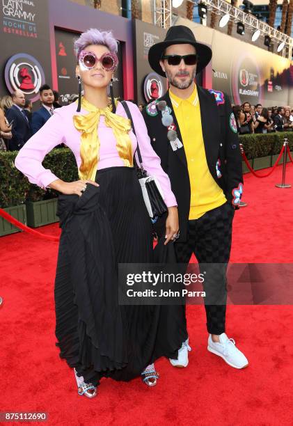 Liliana Saumet and Simon Mejia of Bomba Estereo attend The 18th Annual Latin Grammy Awards at MGM Grand Garden Arena on November 16, 2017 in Las...