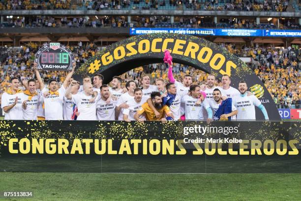 Australia celebrate victory during the 2018 FIFA World Cup Qualifiers Leg 2 match between the Australian Socceroos and Honduras at ANZ Stadium on...