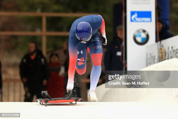 Alexander Tretiakov of Russia takes a training run in the Men's Skeleton during the BMW IBSF Bobsleigh + Skeleton World Cup at Utah Olympic Park...