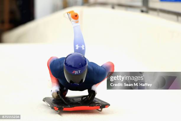 Alexander Tretiakov of Russia takes a training run in the Men's Skeleton during the BMW IBSF Bobsleigh + Skeleton World Cup at Utah Olympic Park...