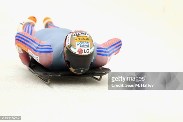 Sungbin Yun of Korea takes a training run in the Men's Skeleton during the BMW IBSF Bobsleigh + Skeleton World Cup at Utah Olympic Park November 16,...