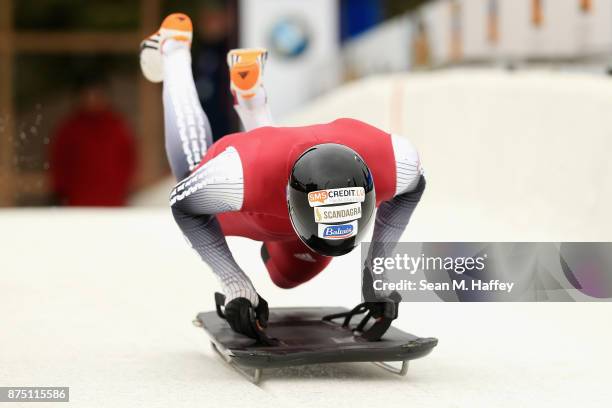 Tomass Dukurs of Latvia takes a training run in the Men's Skeleton during the BMW IBSF Bobsleigh + Skeleton World Cup at Utah Olympic Park November...