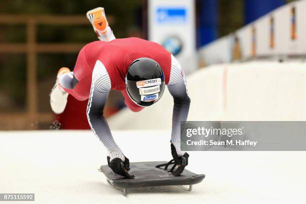 Tomass Dukurs of Latvia takes a training run in the Men's Skeleton during the BMW IBSF Bobsleigh + Skeleton World Cup at Utah Olympic Park November...