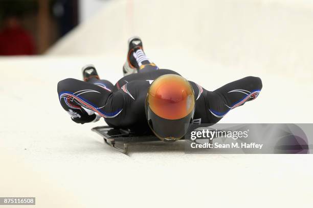 John Daly of the USA takes a training run in the Men's Skeleton during the BMW IBSF Bobsleigh + Skeleton World Cup at Utah Olympic Park November 16,...