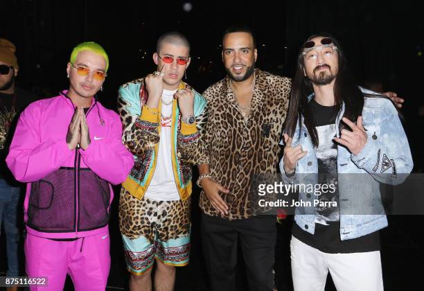 Balvin, Bad Bunny, French Montana and Steve Aoki attend The 18th Annual Latin Grammy Awards at MGM Grand Garden Arena on November 16, 2017 in Las...