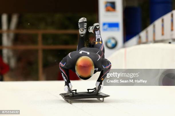 John Daly of the USA takes a training run in the Men's Skeleton during the BMW IBSF Bobsleigh + Skeleton World Cup at Utah Olympic Park November 16,...