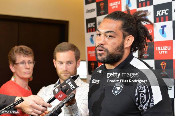 Adam Blair of New Zealand speaks to the media during the New Zealand Kiwis captain's run on November 17, 2017 in Wellington, New Zealand.