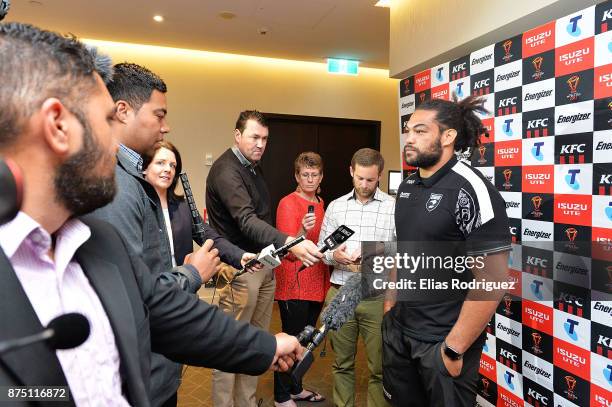 Adam Blair of New Zealand speaks to the media during the New Zealand Kiwis captain's run on November 17, 2017 in Wellington, New Zealand.