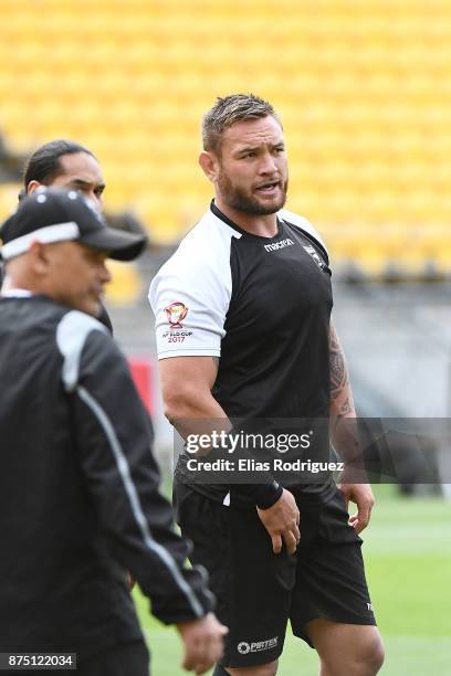 Jared Waerea-Hargreaves looks on during the New Zealand Kiwis captain's run on November 17, 2017 in Wellington, New Zealand.