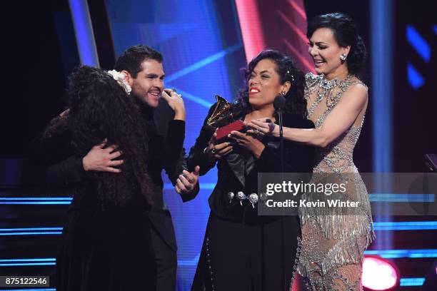 Mireya Ramos of music group Flor de Toloache accepts Best Ranchera/Mariachi Music Album for 'Las Caras Lindas' from Marco de la O and Maribel Guardia...