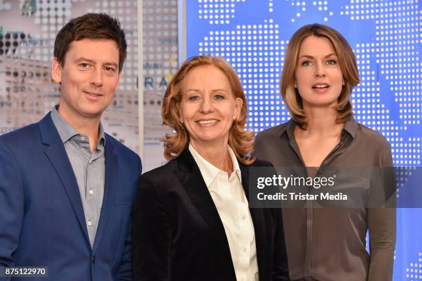 Sascha Hingst, Patricia Schlesinger and Jessy Wellmer during the 'ARD Mittagsmagazin' photo call on November 16, 2017 in Berlin, Germany.