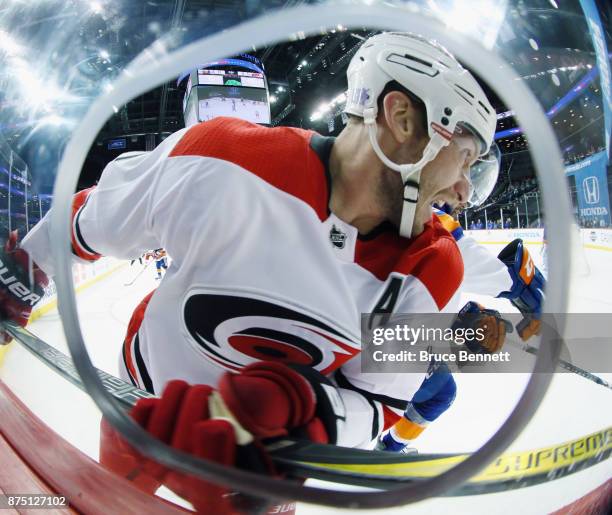 Jordan Staal of the Carolina Hurricanes skates against the New York Islanders at the Barclays Center on November 16, 2017 in the Brooklyn borough of...
