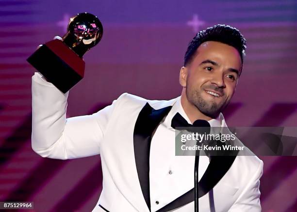 Luis Fonsi accepts Song of the Year for 'Despacito' onstage at the 18th Annual Latin Grammy Awards at MGM Grand Garden Arena on November 16, 2017 in...
