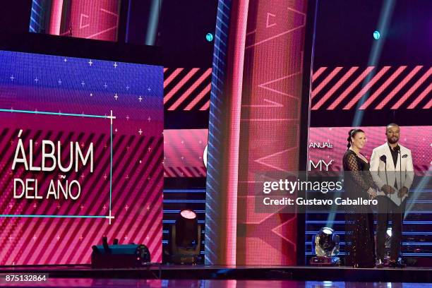 Olga Tanon and Alexandre Pires speak onstage during The 18th Annual Latin Grammy Awards at MGM Grand Garden Arena on November 16, 2017 in Las Vegas,...