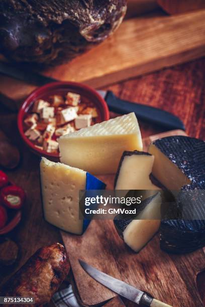 variatie van spaanse salami, worst, ham en kaas van goede kwaliteit - chorizo stockfoto's en -beelden