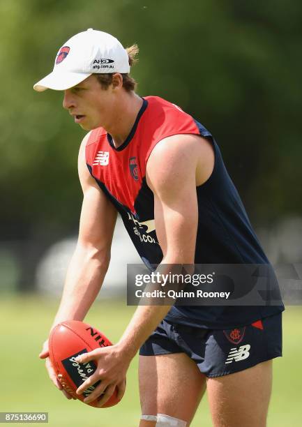 Mitch Hannan of the Demons kicks during a Melbourne Demons AFL training session at Gosch's Paddock on November 17, 2017 in Melbourne, Australia.