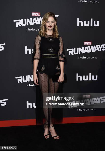 Actress Virginia Gardner arrives at the premiere of Hulu's "Marvel's Runaways" at the Regency Bruin Theatre on November 16, 2017 in Los Angeles,...