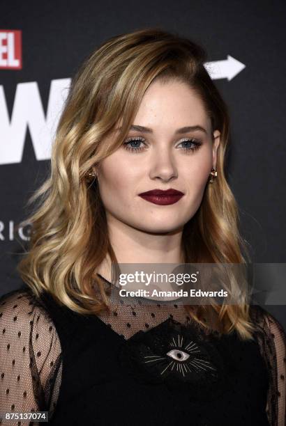 Actress Virginia Gardner arrives at the premiere of Hulu's "Marvel's Runaways" at the Regency Bruin Theatre on November 16, 2017 in Los Angeles,...