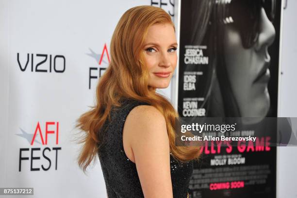 Actress Jessica Chastain attends AFI FEST 2017 closing night gala screening of "Molly's Game" at TCL Chinese Theatre on November 16, 2017 in...