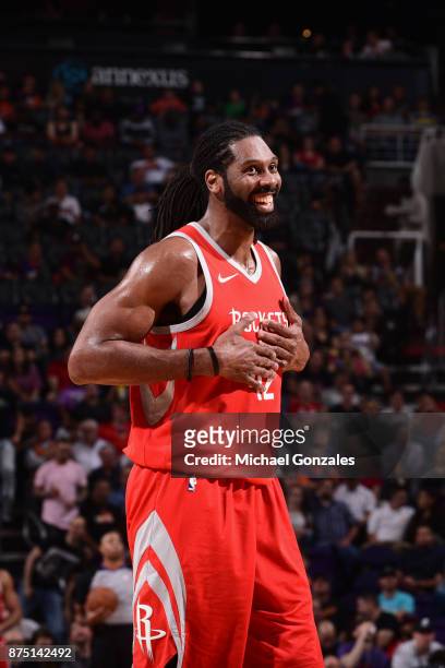 Nene Hilario of the Houston Rockets looks on during the game against the Phoenix Suns on November 16, 2017 at Talking Stick Resort Arena in Phoenix,...