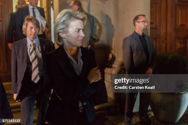 German Defense Minister Ursula von der Leyen leaves on the last day of preliminary talks over the creation of a new government coalition which were...