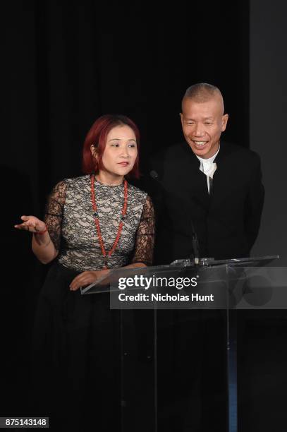 Lulu Zhang and Cai Guo-Qiang speak onstage at the 2017 Guggenheim International Gala made possible by Dior on November 16, 2017 in New York City.