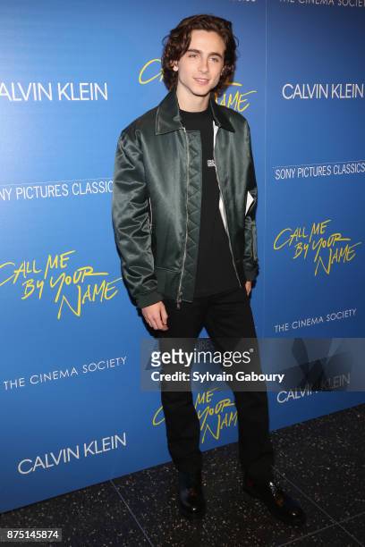 Timothee Chalamet attends Calvin Klein and The Cinema Society host a screening of Sony Pictures Classics' "Call Me By Your Name" on November 16, 2017...