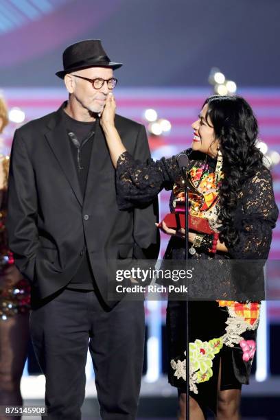 Paul Cohen and Lila Downs accepts the Latin Grammy Award for Best Traditional Pop Vocal Album for "Salón Lágrimas y Deseo" at the Premiere Ceremony...