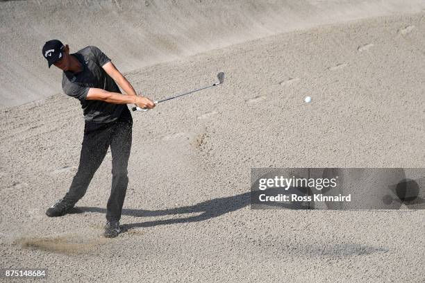 Thomas Pieters of Belgium hits his third shot on the 7th hole during the second round of the DP World Tour Championship at Jumeirah Golf Estates on...