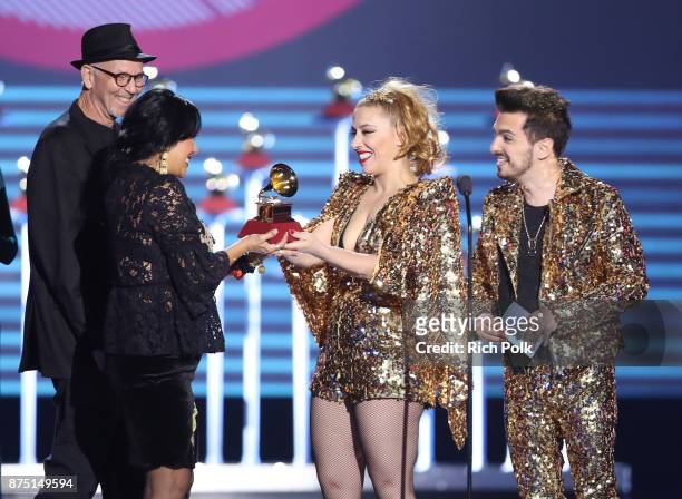 Paul Cohen and Lila Downs accept the Latin Grammy Award for Best Traditional Pop Vocal Album for "Salón Lágrimas y Deseo" from Juliana Gattas and...