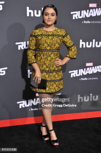 Ariela Barer arrives at the premiere of Hulu's "Marvel's Runaways" at Regency Bruin Theatre on November 16, 2017 in Los Angeles, California.