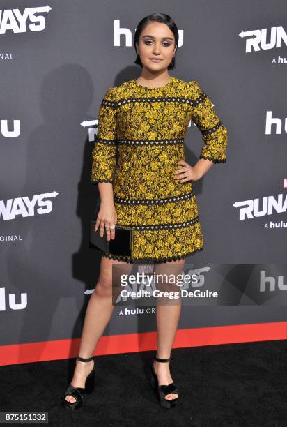 Ariela Barer arrives at the premiere of Hulu's "Marvel's Runaways" at Regency Bruin Theatre on November 16, 2017 in Los Angeles, California.