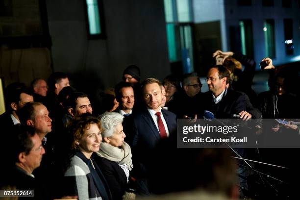 Nicola Beer of the Free Democratic Party , and Christian Lindner , head of the Free Democratic Party , speak to the media after the last day of...