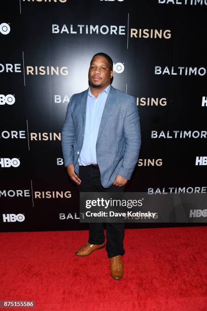 Dayvon Love arrives at the Red Carpet Premiere of HBO Documentary Baltimore Rising on November 16, 2017 in Baltimore, Maryland.