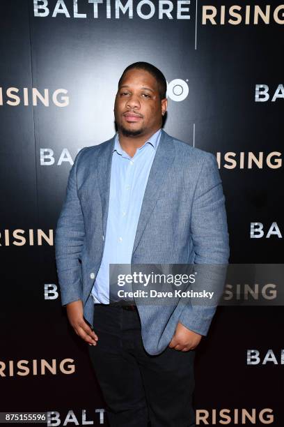 Dayvon Love arrives at the Red Carpet Premiere of HBO Documentary Baltimore Rising on November 16, 2017 in Baltimore, Maryland.