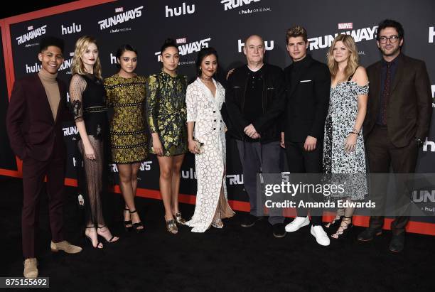 Actors Rhenzy Feliz, Virginia Gardner, Ariela Barer, Allegra Acosta and Lyrica Okano, executive producer Jeph Loeb, actor Gregg Sulkin and executive...