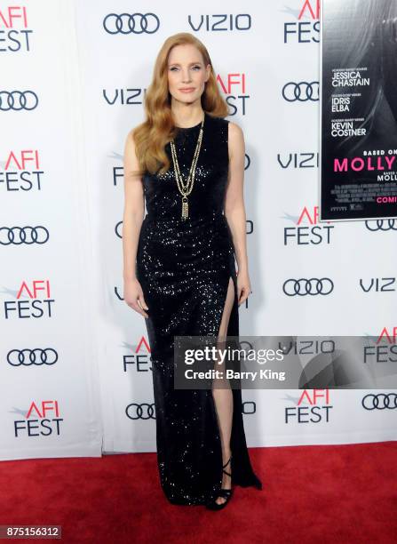 Actress Jessica Chastain attends AFI FEST 2017 Presented By Audi - Closing Night Gala - Screening Of 'Molly's Game' at TCL Chinese Theatre on...