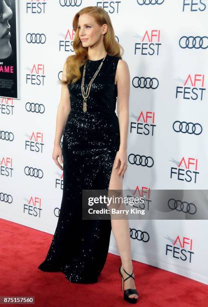 Actress Jessica Chastain attends AFI FEST 2017 Presented By Audi - Closing Night Gala - Screening Of 'Molly's Game' at TCL Chinese Theatre on...