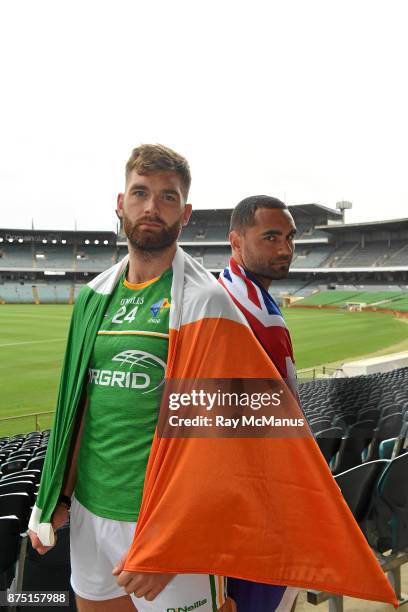 Perth , Australia - 11 November 2017; Ireland team captain Aidan O'Shea, the Australian captain Shaun Burgoyne and the Cormac McAnallen Cup during...