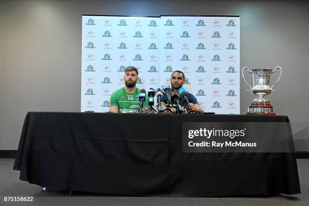 Perth , Australia - 11 November 2017; Ireland team captain Aidan O'Shea, the Australian captain Shaun Burgoyne during the Australia v Ireland -...