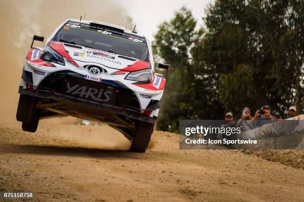 Esapekka Lappi and co-driver Janne Ferm of Toyota Gazoo Racing gets some air on a jump during the Shakedown stage of the Rally Australia round of the...