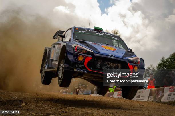 Hayden Padden and co-driver Sebastian Marshall of Hyundai Motorsport gets some air on a jump during the Shakedown stage of the Rally Australia round...