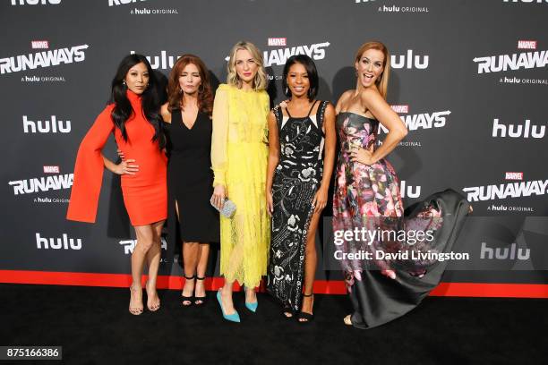 Actresses Brittany Ishibashi, Brigid Brannagh, Ever Carradine, Angel Parker and Annie Wersching arrive at the premiere of Hulu's "Marvel's Runaways"...