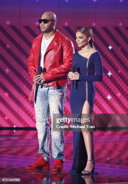 Flo Rida and Leslie Grace speak onstage during the 18th Annual Latin Grammy Awards held at MGM Grand Garden Arena on November 16, 2017 in Las Vegas,...