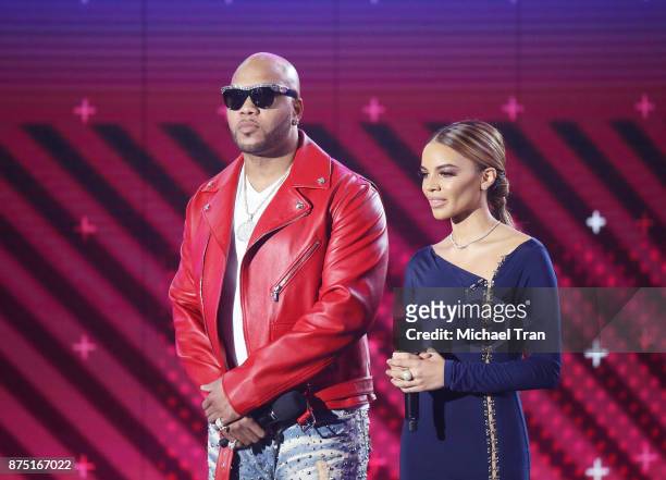 Flo Rida and Leslie Grace speak onstage during the 18th Annual Latin Grammy Awards held at MGM Grand Garden Arena on November 16, 2017 in Las Vegas,...